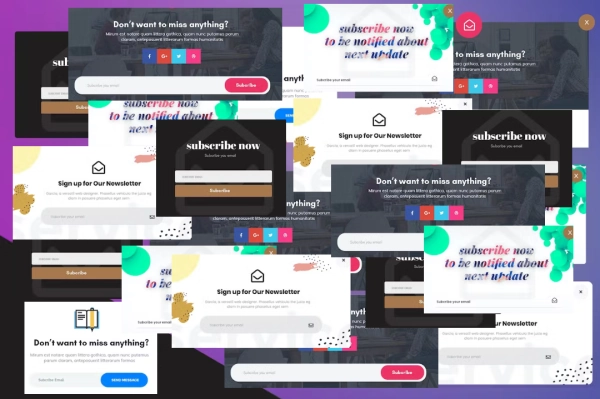 A common web design mistake is using too many popups. This image shows 16 popups overlaying each other making the website impossible to use or see.