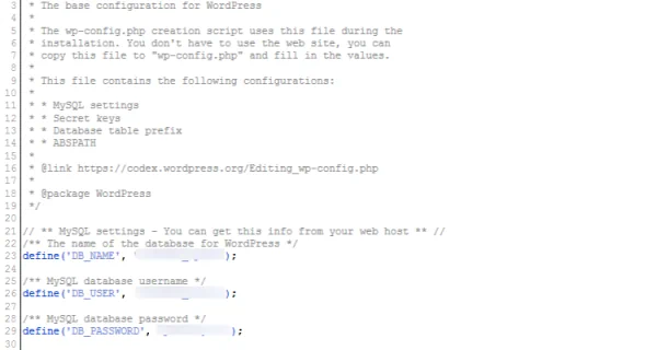 An image displaying the DB connection details in the wp-config.php WordPress file.